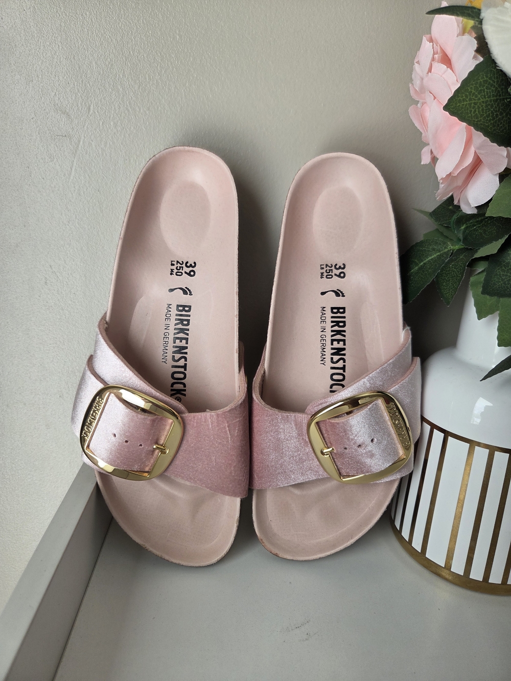 Birkenstock Pink Slide Sandals with Gold Buckles - Picture 7 of 16
